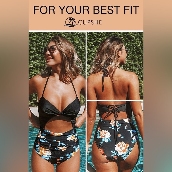 CUPSHE Women's One Piece Swimsuit Twist Cutout Front Crisscross Lace Up Back - Picture 2 of 4